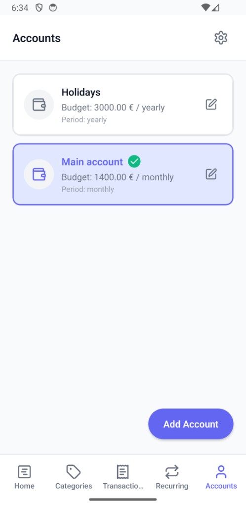 Spendo accounts screen showing Holidays yearly account and Main monthly account