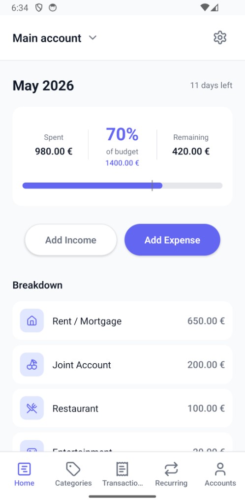 Spendo home screen showing May 2026 budget with 70% spent and category breakdown