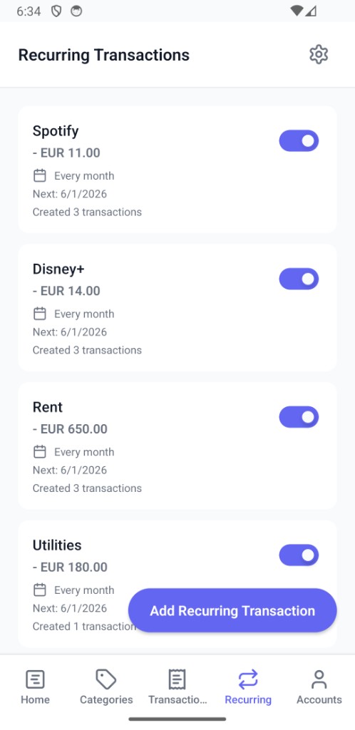 Spendo recurring transactions screen showing Spotify, Disney+ and Rent subscriptions